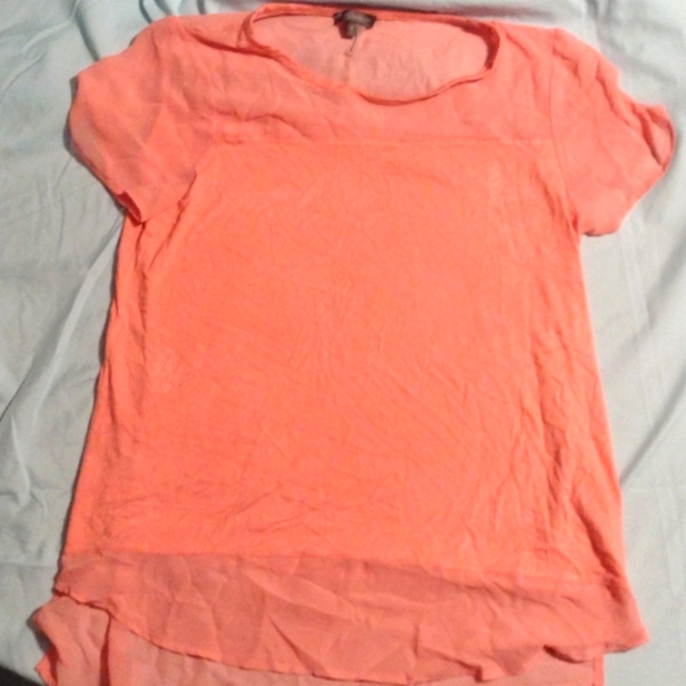 Salmon Vince Camuto blouse with sheer sleeves.